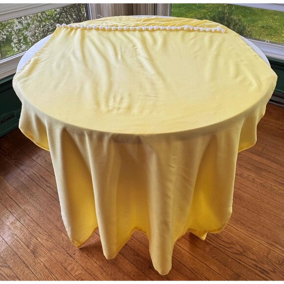 Vintage 70s double curtains with white pompons, solid sunny yellow panels - Picture 6 of 9